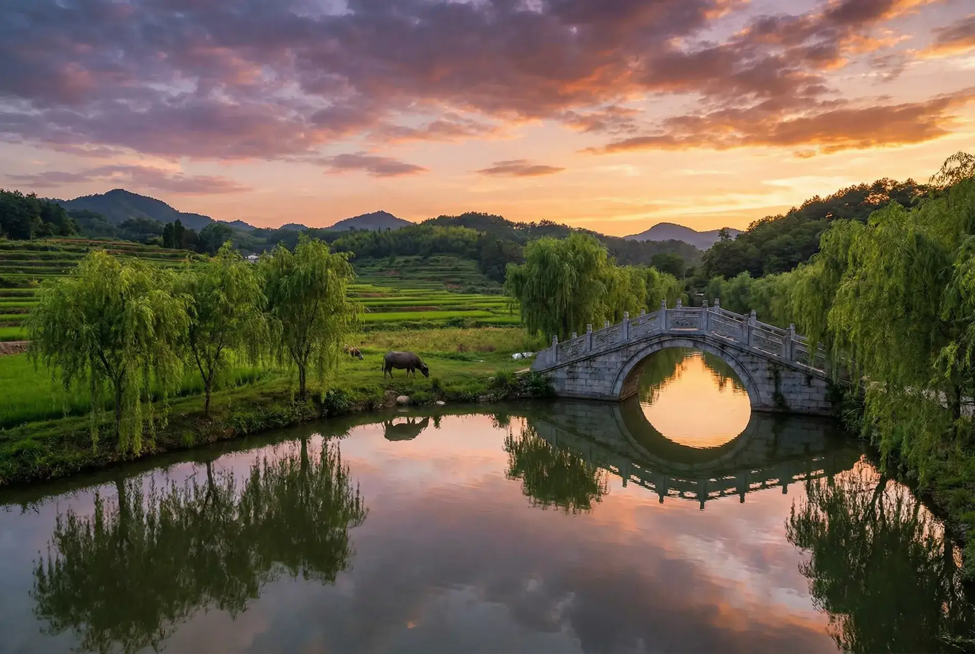 夕阳下的石拱桥与垂柳，水牛在河边吃草 - 媚黑视频 乡村美景